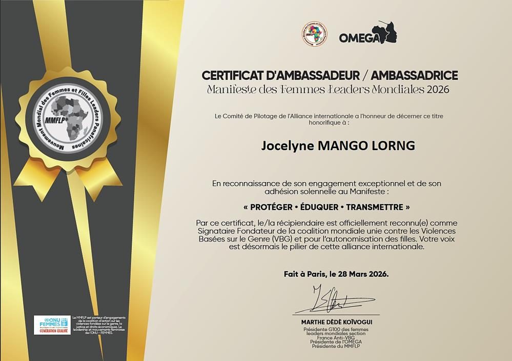 Certificat d'Ambassadrice du Manifeste des Femmes Leaders Mondiales 2026